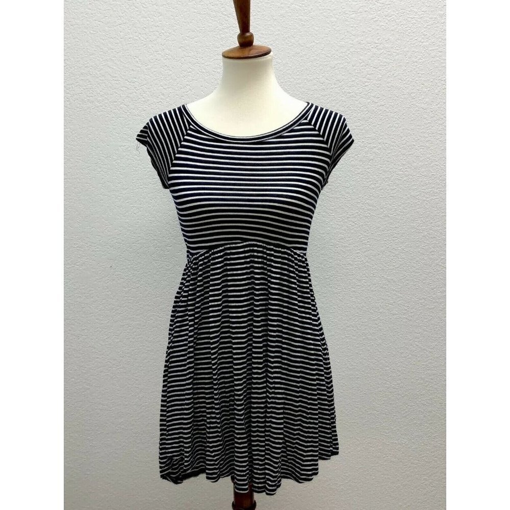 TRES BIEN Womens Navy White Striped Shift Dress Small High Low